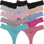 10 Pack Cotton Thongs with Lace Trim for Women