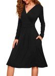 WEACZZY Fall Dresses for Women Casual Black Long Sleeve Dress Wrap V-Neck Party Dress with Pockets, Black, Medium
