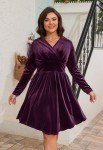D.Q.RZhong Women’s Plus Size V Neck Velvet Dress Long Sleeve Wrap Empire Waist Midi Dress for Wedding Guest Purple 2XL