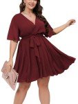 SCOMCHIC Plus Size Burgundy Dress Wrap Short Sleeve Flowy Summer A Line Cocktail Short Dress 2XL