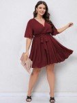 SCOMCHIC Plus Size Burgundy Dress Wrap Short Sleeve Flowy Summer A Line Cocktail Short Dress 2XL