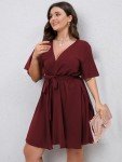 SCOMCHIC Plus Size Burgundy Dress Wrap Short Sleeve Flowy Summer A Line Cocktail Short Dress 2XL