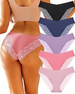 FINETOO Women's Lace Hipster Bikini Panties 5 Pack