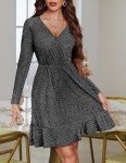 Zeagoo Womens Long Sleeve Glitter Dress Wrap V Neck Dress A Line Cocktail Party Swing Fit and Flare Skater Mini Dress Black