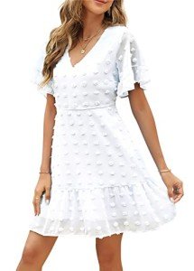 Cute Swiss Dot V-Neck Ruffle Mini Dress