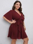 SCOMCHIC Plus Size Burgundy Dress Wrap Short Sleeve Flowy Summer A Line Cocktail Short Dress 2XL