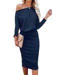 Ezbelle Women's Off The Shoulder 3/4 Sleeve Batwing HIPS-Wrap Pencil Party Sexy Bodycon Midi Dress, Navy Blue, Large