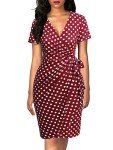 Lyrur Women's Elegant Short Sleeves V Neck Casual Party Work Red Polka Dot Wrap Dresses Tie Belt(S,9069-Red Dot)
