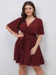 SCOMCHIC Plus Size Burgundy Dress Wrap Short Sleeve Flowy Summer A Line Cocktail Short Dress 2XL