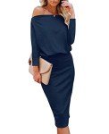 Ezbelle Women's Off The Shoulder 3/4 Sleeve Batwing HIPS-Wrap Pencil Party Sexy Bodycon Midi Dress, Navy Blue, Large