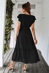 PRETTYGARDEN Women's 2024 Floral Boho Dress Wrap V Neck Short Sleeve Belted Ruffle Hem A-Line Flowy Maxi Dresses (Solid Black,Large)