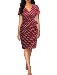 Lyrur Women's Elegant Short Sleeves V Neck Casual Party Work Red Polka Dot Wrap Dresses Tie Belt(S,9069-Red Dot)