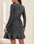 Zeagoo Womens Long Sleeve Glitter Dress Wrap V Neck Dress A Line Cocktail Party Swing Fit and Flare Skater Mini Dress Black