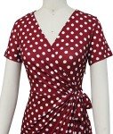 Lyrur Women's Elegant Short Sleeves V Neck Casual Party Work Red Polka Dot Wrap Dresses Tie Belt(S,9069-Red Dot)
