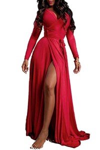 Vivicastle Women's Sexy Long Sleeve Tulip Wrap Slit Front Full Long Maxi Dress, True Red, Large