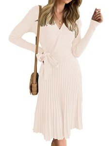 ZESICA Women's Fall Long Sleeve Wrap V Neck Ribbed Knit Pleated A Line Pullover Sweater Dress with Belt, Apricot, Medium