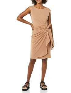 Amazon Essentials Women's Cap Sleeve Boat-Neck Faux Wrap Dress, Light Brown, Medium