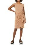 Amazon Essentials Women's Cap Sleeve Boat-Neck Faux Wrap Dress, Light Brown, Medium