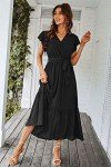 PRETTYGARDEN Women's 2024 Floral Boho Dress Wrap V Neck Short Sleeve Belted Ruffle Hem A-Line Flowy Maxi Dresses (Solid Black,Large)