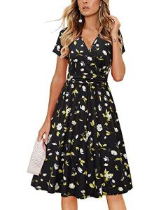 Newshows Sundresses for Women 2024 Summer Spring Beach Vacation Hawaiian Short Sleeve V-Neck Faux Wrap Casual Midi Dress with Pockets(Floral 25,Large)