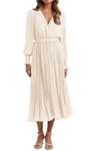 PRETTYGARDEN Womens Wrap V Neck Spring Dresses Wedding Guest Casual Pleated Long Sleeve Midi Dress Ruffle Smocked Long Dress, Beige, Medium