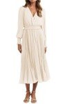PRETTYGARDEN Womens Wrap V Neck Spring Dresses Wedding Guest Casual Pleated Long Sleeve Midi Dress Ruffle Smocked Long Dress, Beige, Medium