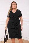 Nemidor Womens Plus Size Ruched Wrap Dress Pleated Bodycon Midi Casual Party Work Dress NEM303(20,Black)
