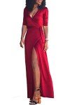 Vivicastle Women's Sexy Long Sleeve Tulip Wrap Slit Front Full Long Maxi Dress, True Red, Large