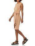 Amazon Essentials Women's Cap Sleeve Boat-Neck Faux Wrap Dress, Light Brown, Medium