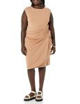 Amazon Essentials Women's Cap Sleeve Boat-Neck Faux Wrap Dress, Light Brown, Medium