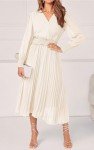 PRETTYGARDEN Womens Wrap V Neck Spring Dresses Wedding Guest Casual Pleated Long Sleeve Midi Dress Ruffle Smocked Long Dress, Beige, Medium