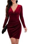 ihot Wedding Guest Dress Fall 2024 Faux Wrap Long Sleeve Velvet Mini Dress Sexy V Neck Bodycon Ruched Sheath Christmas Cocktail Club Party Semi Formal Holiday Dress with Tulip Hem Wine Red Large