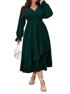 SHESTARR Womens Plus Size Wedding Guest Cocktail Maxi Dress Wrap V Neck Long Sleeve Ruffle Hem Split Long Dress, Emerald Green, X-Large Plus