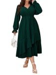 SHESTARR Womens Plus Size Wedding Guest Cocktail Maxi Dress Wrap V Neck Long Sleeve Ruffle Hem Split Long Dress, Emerald Green, X-Large Plus