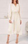 PRETTYGARDEN Womens Wrap V Neck Spring Dresses Wedding Guest Casual Pleated Long Sleeve Midi Dress Ruffle Smocked Long Dress, Beige, Medium