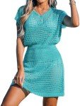 CUPSHE Women's Swimwear Cover Up Crochet Mini Dress Button V Neck Short Sleeve Beach Coverups Summer Turquoise,M