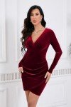 ihot Wedding Guest Dress Fall 2024 Faux Wrap Long Sleeve Velvet Mini Dress Sexy V Neck Bodycon Ruched Sheath Christmas Cocktail Club Party Semi Formal Holiday Dress with Tulip Hem Wine Red Large