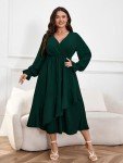 SHESTARR Womens Plus Size Wedding Guest Cocktail Maxi Dress Wrap V Neck Long Sleeve Ruffle Hem Split Long Dress, Emerald Green, X-Large Plus