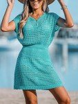 CUPSHE Women's Swimwear Cover Up Crochet Mini Dress Button V Neck Short Sleeve Beach Coverups Summer Turquoise,M