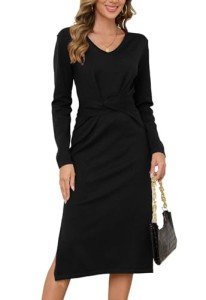 Jayscreate Women's V Neck Sweater Dress Midi Tie Back Side Split 2024 Fall Winter Long Sleeve Knit Business Casual Dress Black