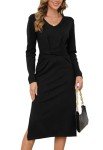 Jayscreate Women's V Neck Sweater Dress Midi Tie Back Side Split 2024 Fall Winter Long Sleeve Knit Business Casual Dress Black