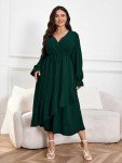 SHESTARR Womens Plus Size Wedding Guest Cocktail Maxi Dress Wrap V Neck Long Sleeve Ruffle Hem Split Long Dress, Emerald Green, X-Large Plus