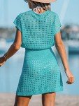 CUPSHE Women's Swimwear Cover Up Crochet Mini Dress Button V Neck Short Sleeve Beach Coverups Summer Turquoise,M
