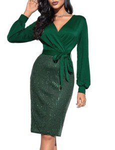 GRACE KARIN Sequin Bodycon Dresses for Women Wrap Long Sleeve V Neck Party Dress Atrovirens M