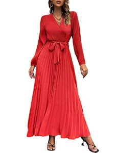Mansy Women's Elegant Wrap V Neck Lantern Sleeve Bulted Pleated Flowy Maxi Long Dress, A-04-red, X-Large