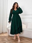 SHESTARR Womens Plus Size Wedding Guest Cocktail Maxi Dress Wrap V Neck Long Sleeve Ruffle Hem Split Long Dress, Emerald Green, X-Large Plus