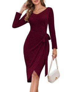 Meetjen Women's Ribbed Knit Midi Sweater V Neck Faux Wrap Long Sleeve Classy Christmas Bodycon Sheath Dress Burgundy XL