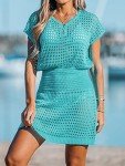 CUPSHE Women's Swimwear Cover Up Crochet Mini Dress Button V Neck Short Sleeve Beach Coverups Summer Turquoise,M