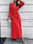Mansy Women's Elegant Wrap V Neck Lantern Sleeve Bulted Pleated Flowy Maxi Long Dress, A-04-red, X-Large