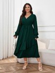 SHESTARR Womens Plus Size Wedding Guest Cocktail Maxi Dress Wrap V Neck Long Sleeve Ruffle Hem Split Long Dress, Emerald Green, X-Large Plus